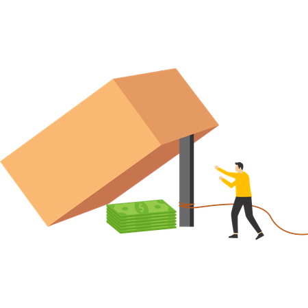 Businessmen get into wooden box trap to get dollar banknotes  Illustration
