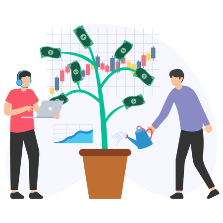 Businessmen growing money tree and analyzing financial market growth  Illustration