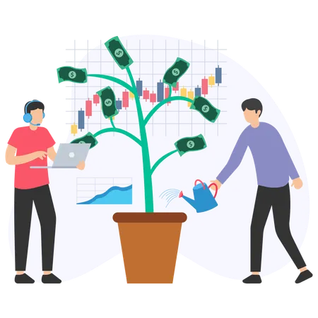 Businessmen growing money tree and analyzing financial market growth  Illustration