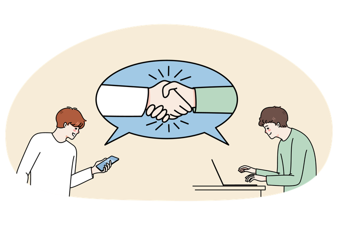 Businessmen handshake close deal working online on laptop  Illustration