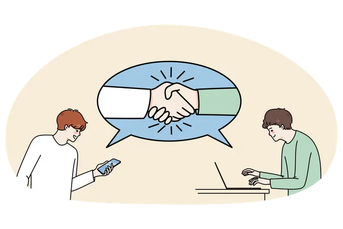 Businessmen handshake close deal working online on laptop  Illustration