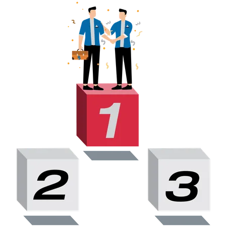 Businessmen handshaking on first place podium  Illustration