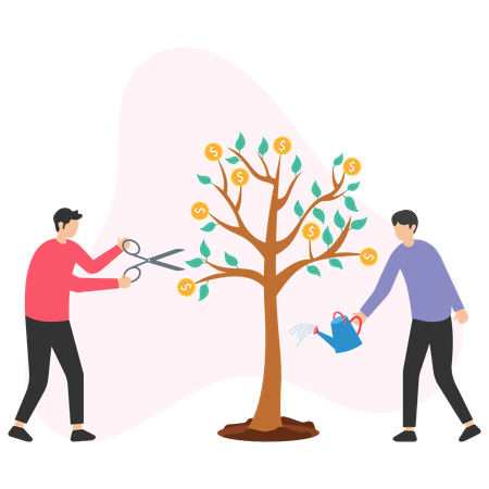 Businessmen harvesting and watering money tree for financial growth  Illustration