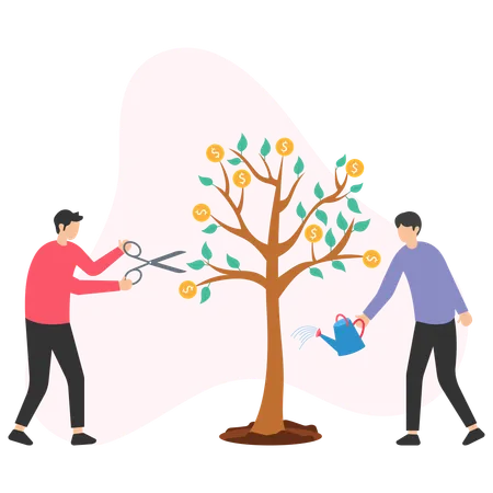 Businessmen harvesting and watering money tree for financial growth  Illustration