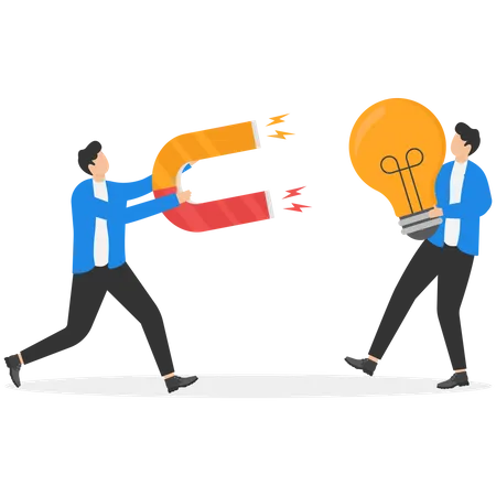 Businessmen Holding A Big Magnet Attract Giant Bulb Ideas Theft Concept Illustration Illustration