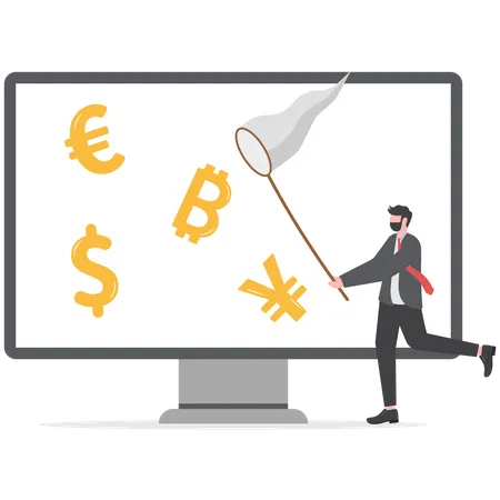 Businessmen Through The Laptop Holding Butterfly Net Catch Dollar Euro Yuan Bitcoin Money Growth Wealth Exchange Flat Vector Illustration Illustration