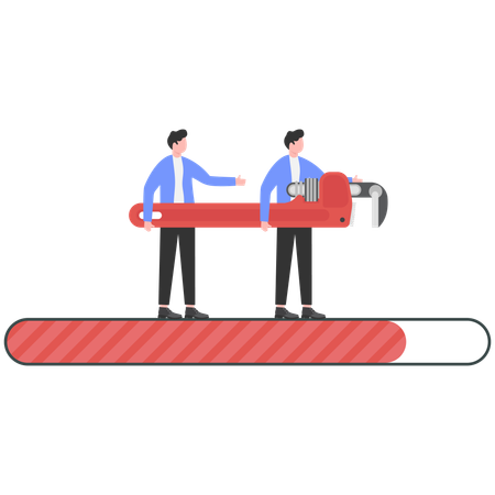Businessmen holding giant wrench while provide technical support and repair  Illustration