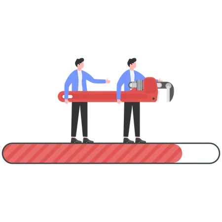 Businessmen holding giant wrench while provide technical support and repair  Illustration