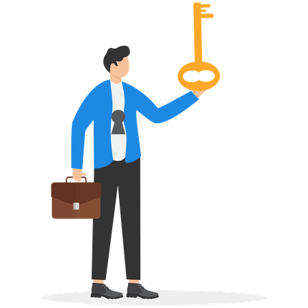 Businessmen holding golden key to unlock lock  Illustration