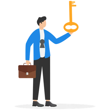 Businessmen holding golden key to unlock lock  Illustration