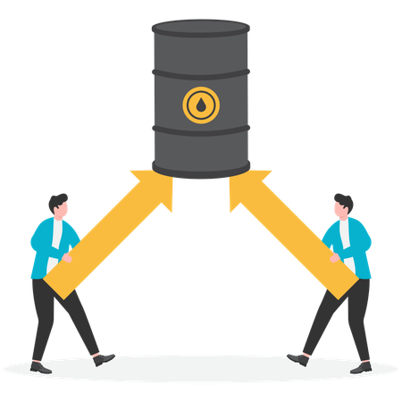 Businessmen holding rising arrows to prop up huge fuel tanks  Illustration