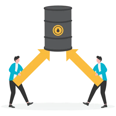 Businessmen holding rising arrows to prop up huge fuel tanks  Illustration