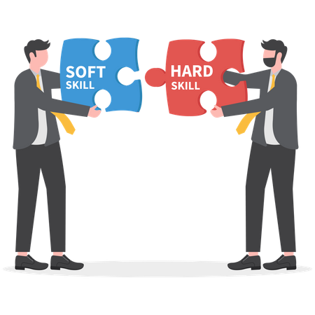 Businessmen holding two pieces between Hard VS Soft Skills  Illustration