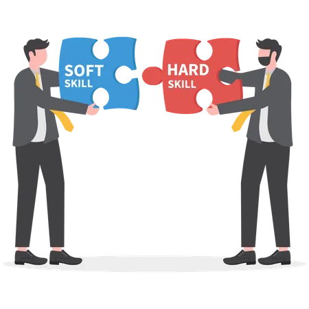 Businessmans Holding Two Pieces Between Hard VS Soft Skills Concept Illustration