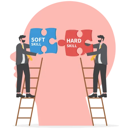 Businessman Holding Two Pieces Between Hard VS Soft Skills Concept On Big Head Human Idea Development Multiple Intelligences Vector Illustration Illustration