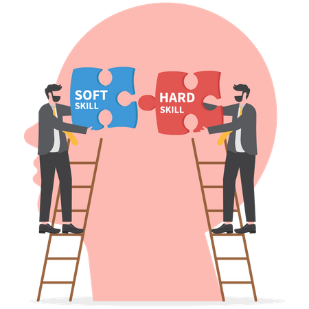 Businessmen holding two pieces between Hard VS Soft Skills  Illustration