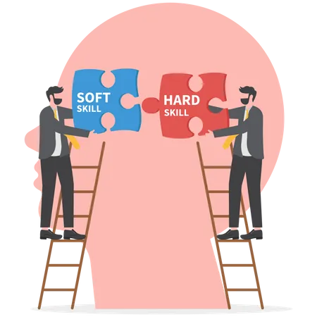 Businessmen holding two pieces between Hard VS Soft Skills  Illustration