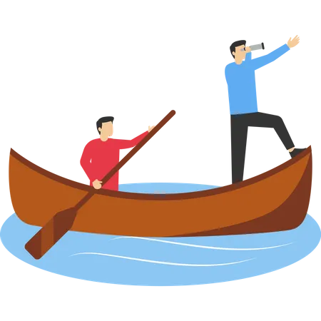 Linear Flat Businessmen In A Rowing Boat Two Rowers And One Captain Vector Illustration Leadership In Business Concept Illustration