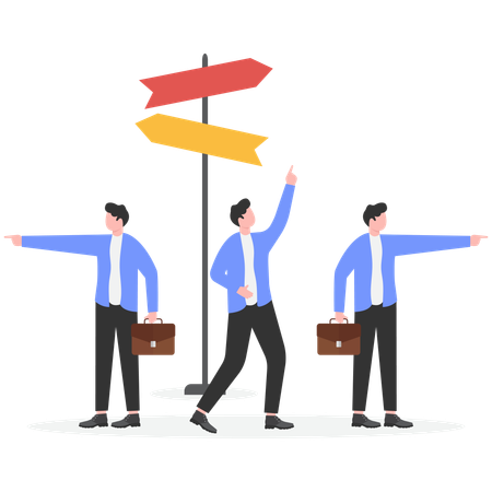 Businessmen in team pointing to their own direction  Illustration