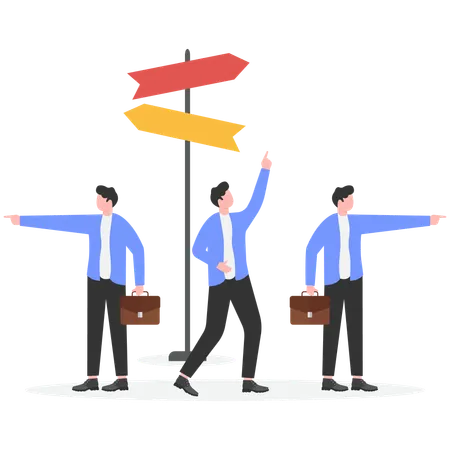 Businessmen in team pointing to their own direction  Illustration