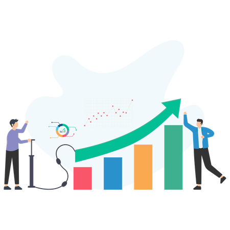 Businessmen inflating growing chart with pump and celebrating success  Illustration