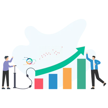 Businessmen inflating growing chart with pump and celebrating success  Illustration
