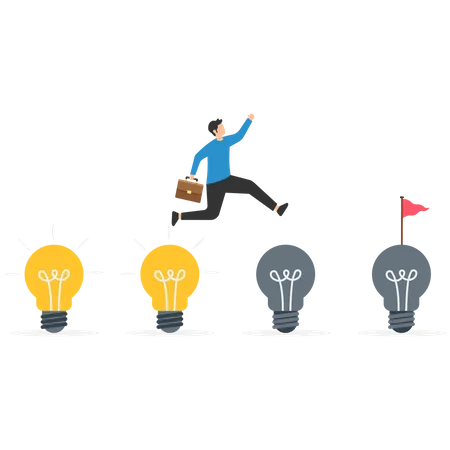 Businessmen jump from old to new shiny lightbulb idea  Illustration