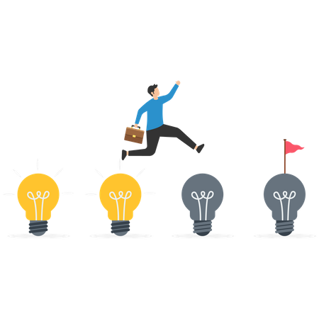 Businessmen jump from old to new shiny lightbulb idea  Illustration