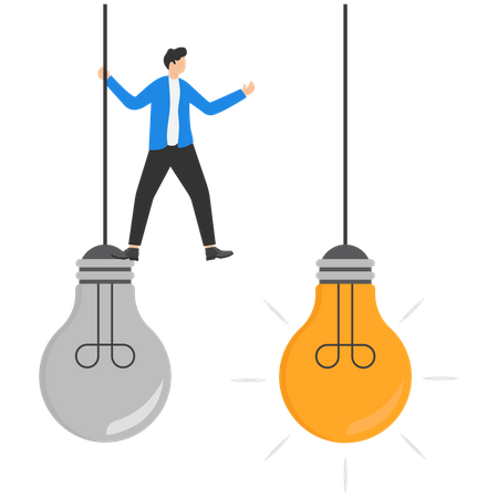 Businessmen jump from old to new shiny lightbulb ideas  Illustration