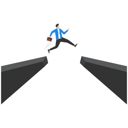 Businessmen Jump Through The Gap Of The Cliff Employee With A Running Jump From One Cliff To Another Achievement Career Leadership Concept Of Business Risk And Success Illustration Vector Flat Illustration