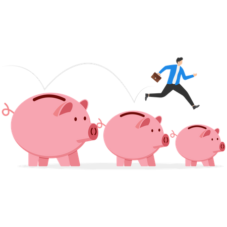 Businessmen jumping from big piggy banks to small piggy bank  Illustration