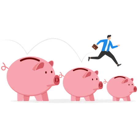 Businessmen jumping from big piggy banks to small piggy bank  Illustration