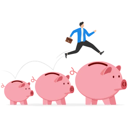 Businessmen jumping from small piggy banks to big piggy bank  Illustration