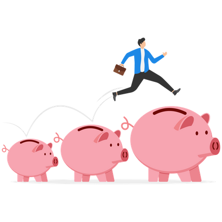 Businessmen jumping from small piggy banks to big piggy bank  Illustration