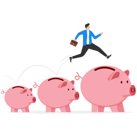Businessmen Jumping From Small Piggy Banks To Big Piggy Banks Businessmen Risk High Investment Modern Vector Illustration In Flat Style Illustration