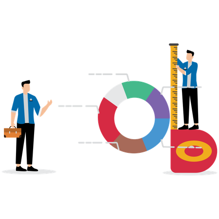 Businessmen measuring pie chart using measuring tape  Illustration