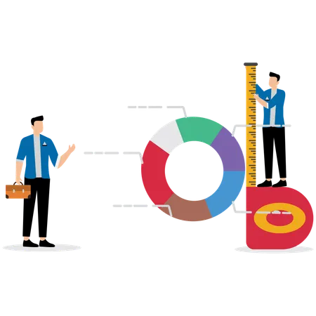 Businessmen measuring pie chart using measuring tape  Illustration