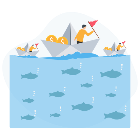 Businessmen navigating paper boats with golden coins and red flags on blue sea with fish underneath  Illustration
