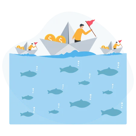 Businessmen navigating paper boats with golden coins and red flags on blue sea with fish underneath  Illustration