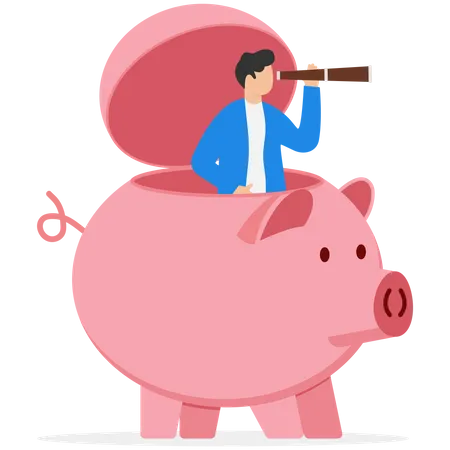 Businessmen Open Pink Piggy Banks Using Binoculars To Search For Success Modern Vector Illustration In Flat Style Illustration