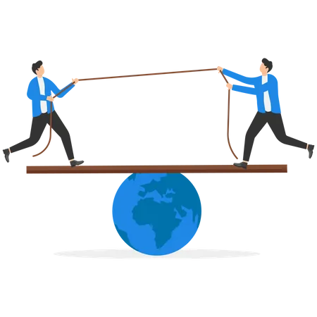 Businessmen Play Tug Of War Games Standing On Scales Pulling Opposite Ends Of Rope Competition For Power Over The World Modern Vector Illustration In Flat Style Illustration