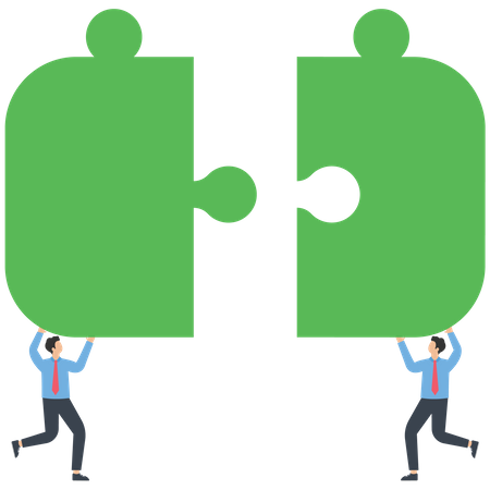 Businessmen pushing two jigsaw pieces together  Illustration
