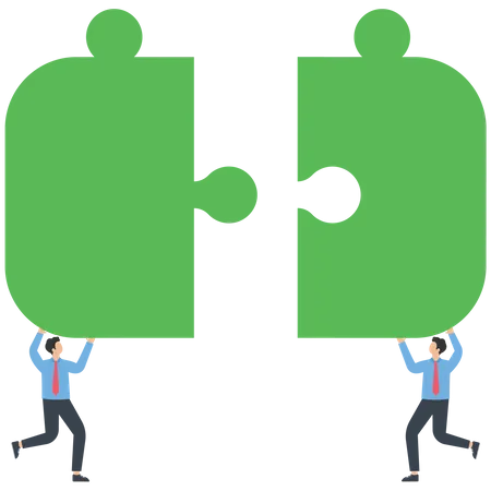 Businessmen pushing two jigsaw pieces together  Illustration