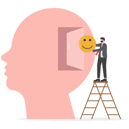 Businessmen Put Positive Thinking Signs On The Big Head Human Concept Illustration