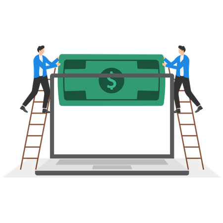 Businessmen putting money on laptop screen  Illustration