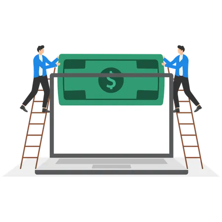 Businessmen putting money on laptop screen  Illustration