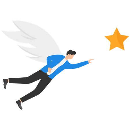 Businessmen reach out for star by using his wings  イラスト