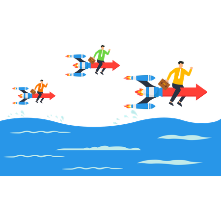 Businessmen Riding Rockets Over Water  Illustration