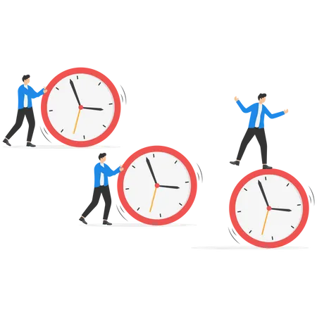 Businessmen riding rolling clock face with confidence  Illustration