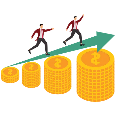Businessmen Run On The Arrow Of Growth On The Pile Of Gold  Illustration